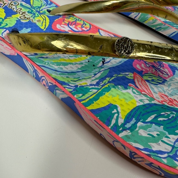 Lilly Pulitzer Flip Flops Women 9/10 Gold Straps w/Pink & Blue - Picture 3 of 14